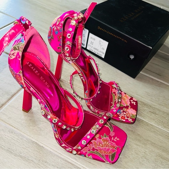 Azalea Wang Heels Hot Pink Brocade Embellished Embroidered Stiletto Heels 8.5 - Picture 10 of 11